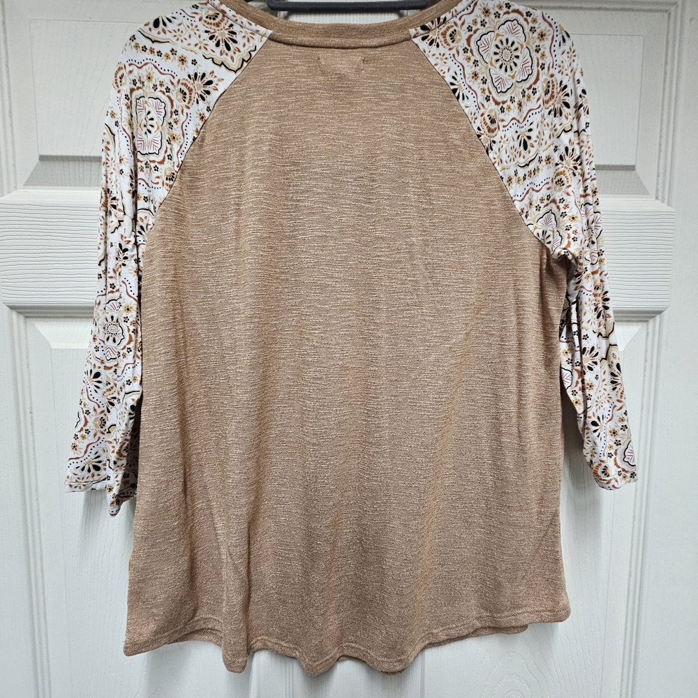 Maurices Brown Top with Patterned Sleeves - Picture 2 of 5